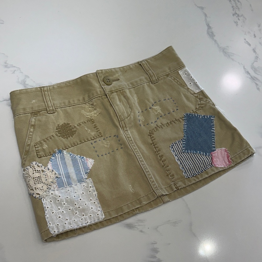 RALPH LAUREN Sz8 PATCHWORK COTTON DENIM KHAKI MINI KIDS SKIRT DISTRESSED DETAILS